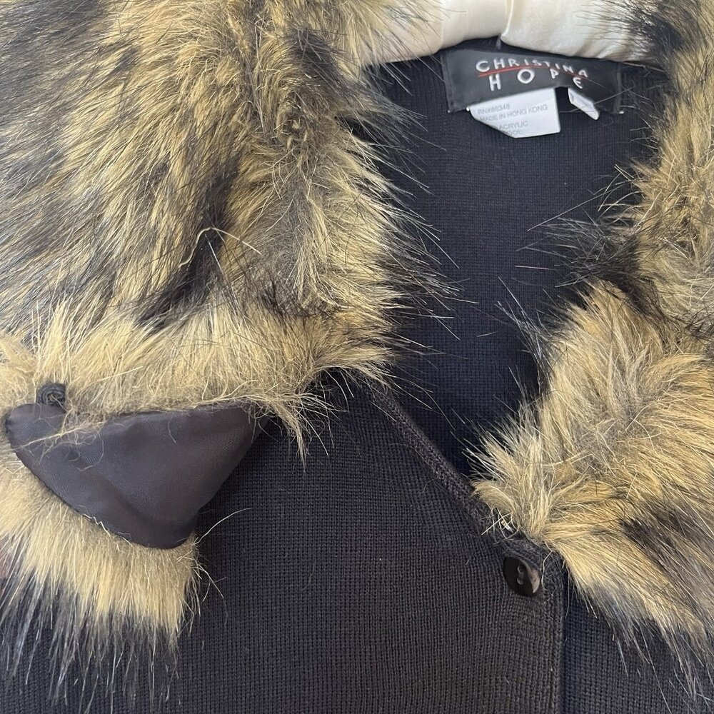 Vtg Penny Lane Style Duster Cardigan Sweater Faux Fur Trim Acrylic Wool L Boho - Picture 10 of 16
